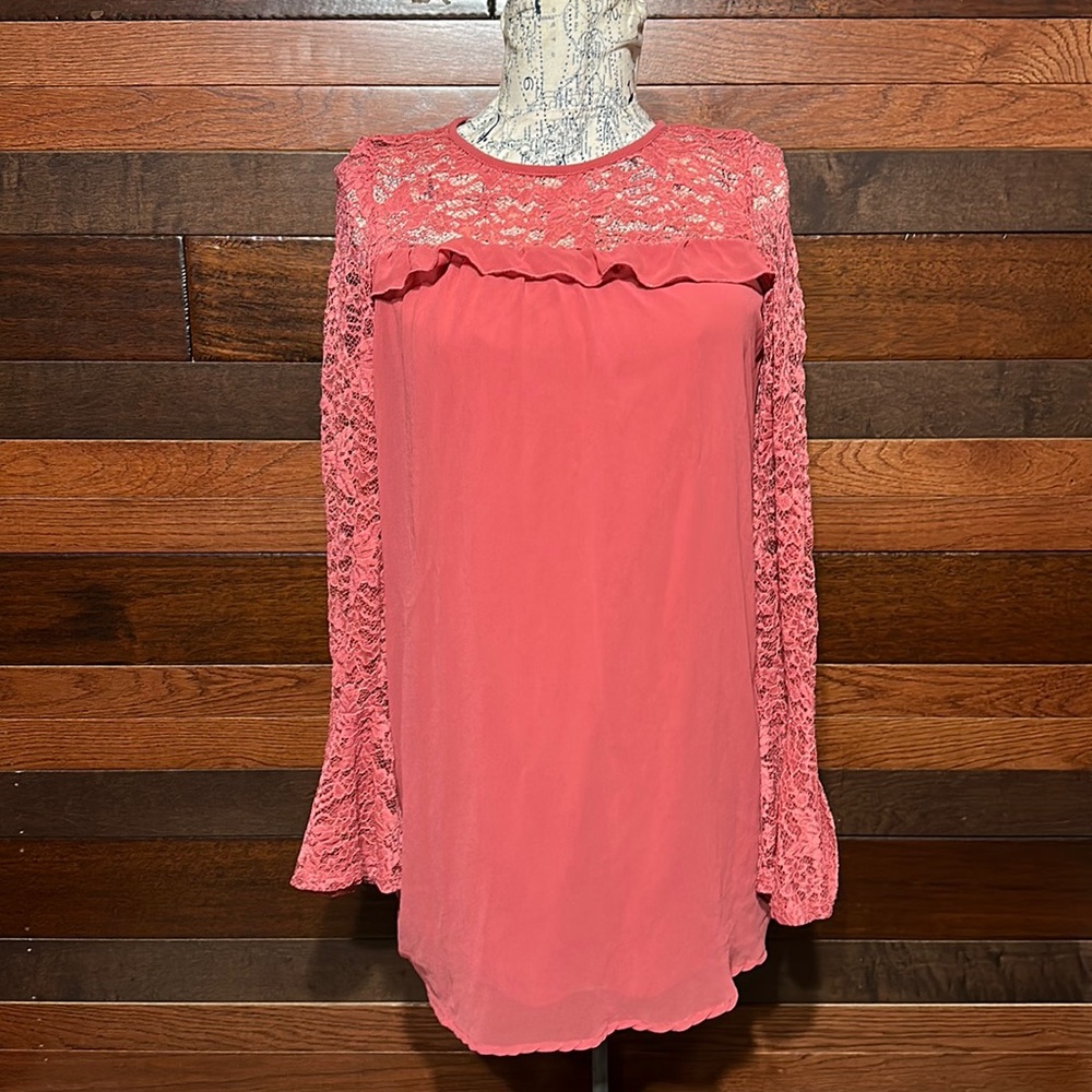 As U Wish Lacey Crew Neck Long Sleeve Mauve Pink Tunic Blouse